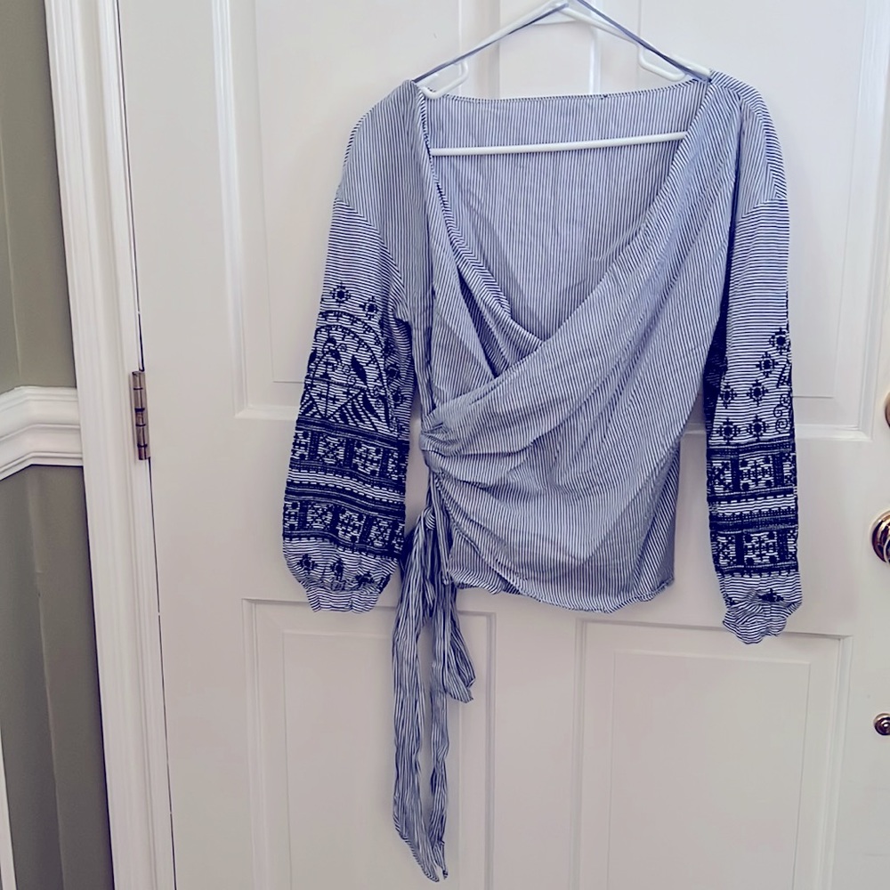 Beautiful Blue and White Striped with Embroidered Puff Sleeve Wrap Blouse - Picture 3 of 5